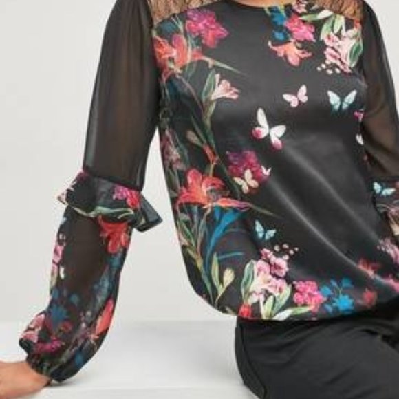 Next Women's Black Floral Border Print Sheer Long Sleeve Blouse Top - Picture 2 of 2